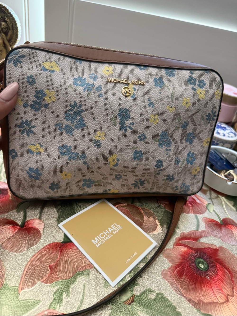 Michael Kors Beige Floral Print Crossbody with Brown Trim